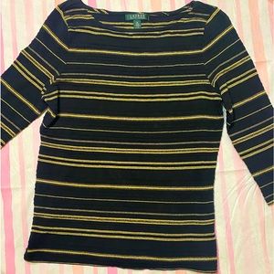 Lauren Ralph Lauren Blouse Top 3/4 Sleeve Black Gold Stripe M Textured